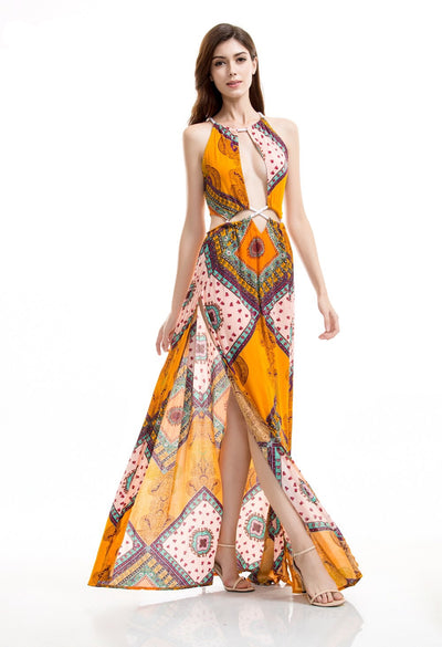 Enchant Me Yellow Multi  Double Split Maxi Dress - Fashion Genie Boutique