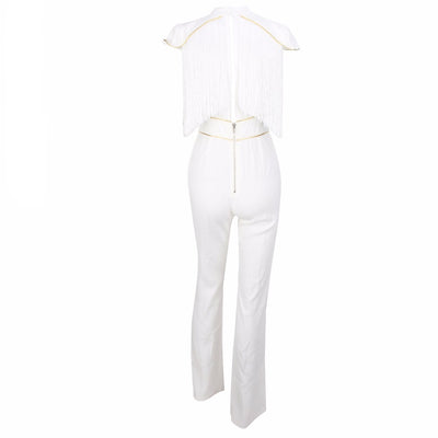 So Extra White Fringe Shoulder Jumpsuit - Fashion Genie Boutique
