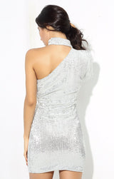 Mystique Silver Sequin One Shoulder Mini Choker Dress - Fashion Genie Boutique