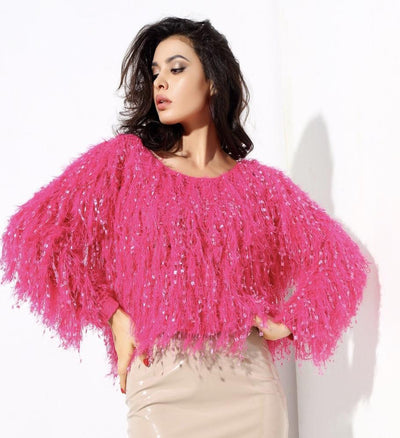 Heart Throb Hot Pink Fluffy Fringe Jumper - Fashion Genie Boutique