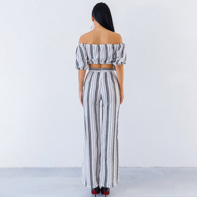 Love Poem Multi Two Piece Trousers & Bardot Crop Top Co-Ord - Fashion Genie Boutique