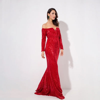 Dressed To Thrill Red Sequin Bardot Maxi Dress - Fashion Genie Boutique