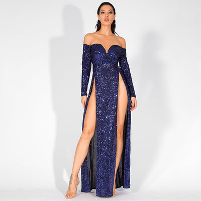 So Lavish Navy Sequin Bardot Double Split Maxi Dress - Fashion Genie Boutique
