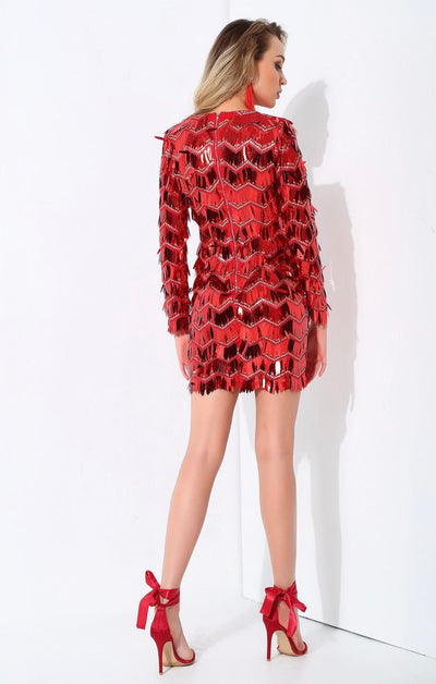 Keep them Keen Red Long Sleeve Sequin Tassel Mini Dress - Fashion Genie Boutique