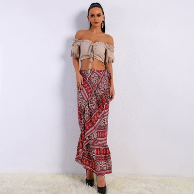 Luddy Red Floral Chiffon Tiered Maxi Skirt - Fashion Genie Boutique