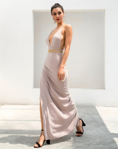 Throwing Shade Nude Side Slit Chained Maxi Dress - Fashion Genie Boutique