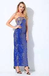 A Long Affair Blue & Gold Sequin Strapless Maxi Dress - Fashion Genie Boutique
