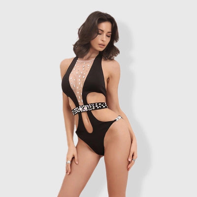 Halki Black Crystal Embellished Monokini Swimsuit - Fashion Genie Boutique
