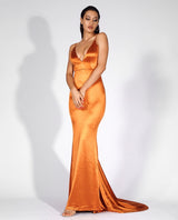 Glowing Goddess Orange Satin Fishtail Maxi Dress - Fashion Genie Boutique
