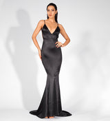 Glowing Goddess Black Satin Fishtail Maxi Dress - Fashion Genie Boutique