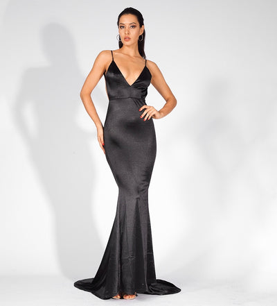 Glowing Goddess Black Satin Fishtail Maxi Dress - Fashion Genie Boutique
