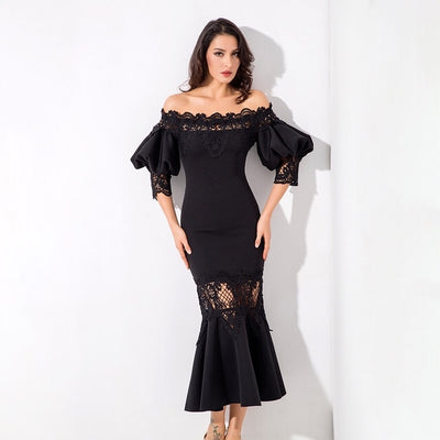 Mamacita Black Bardot Lace Panel Midi Dress - Fashion Genie Boutique