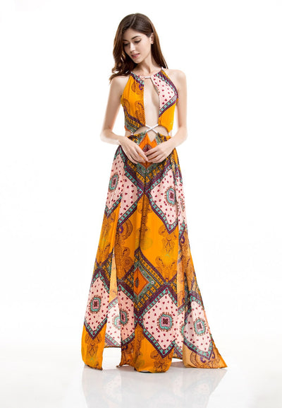 Enchant Me Yellow Multi  Double Split Maxi Dress - Fashion Genie Boutique