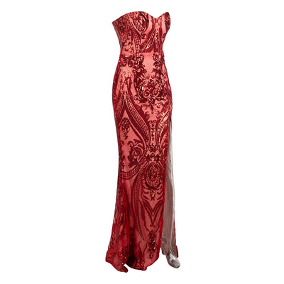 Sweet Vision Red Strapless Sequin Spilt Maxi Gown Dress - Fashion Genie Boutique