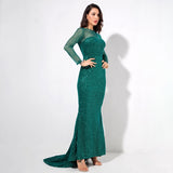 Making Moves Green Long Sleeve Glitter Maxi Gown Dress - Fashion Genie Boutique