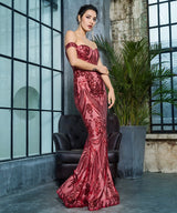 Sweetheart Red Bardot Sequin Maxi Fishtail Dress - Fashion Genie Boutique