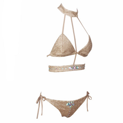 Rooftop Pool Gold Sequin Crystal Choker Bikini - Fashion Genie Boutique