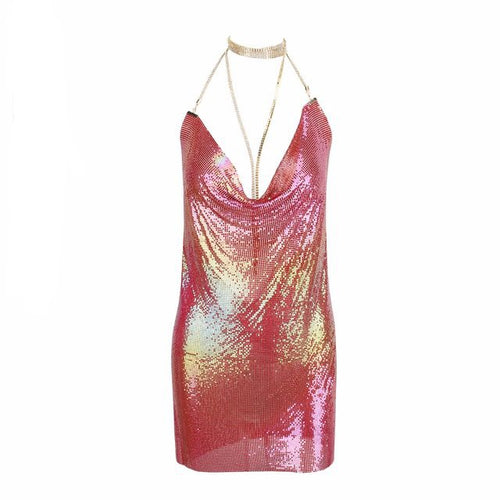 Got Me In Chains Pink Iridescent Metal Mini Dress - Fashion Genie Boutique