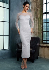 Deep Into You Silver Long Sleeve Glitter Embellished Midi Dress - Fashion Genie Boutique