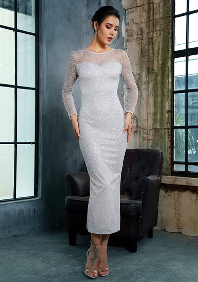 Deep Into You Silver Long Sleeve Glitter Embellished Midi Dress - Fashion Genie Boutique