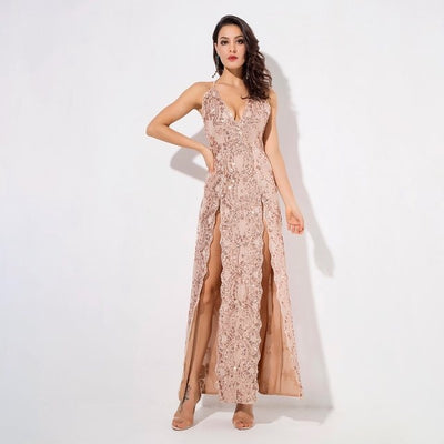 Crash The Party Rose Gold Sequin Double Split Maxi Dress - Fashion Genie Boutique