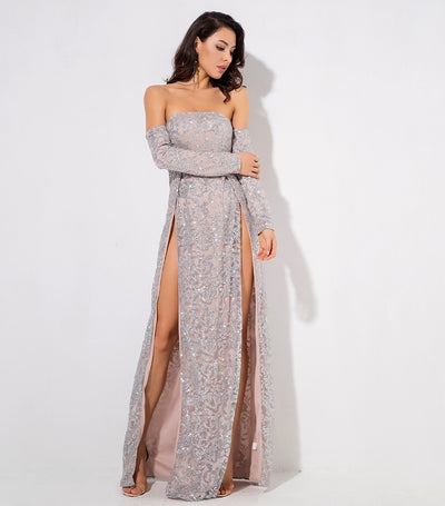 Princess Of Charm Silver Bardot Glitter Double Split Maxi Dress - Fashion Genie Boutique