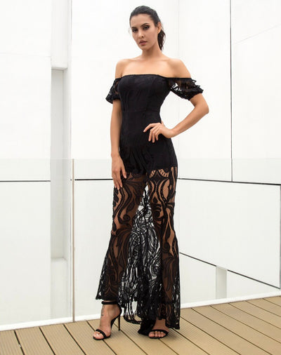 Hotline Black Bardot Lace Maxi Dress - Fashion Genie Boutique