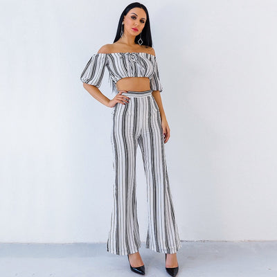 Love Poem Multi Two Piece Trousers & Bardot Crop Top Co-Ord - Fashion Genie Boutique
