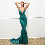 Ecstasy Green Plunge Sequin Maxi Fishtail Gown Dress - Fashion Genie Boutique