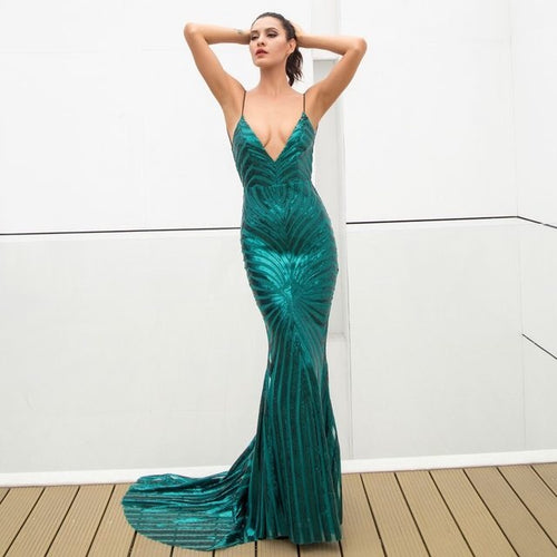 Ecstasy Green Plunge Sequin Maxi Fishtail Gown Dress - Fashion Genie Boutique
