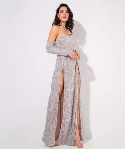 Princess Of Charm Silver Bardot Glitter Double Split Maxi Dress - Fashion Genie Boutique