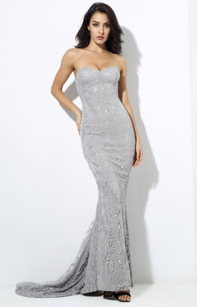 Saints & Sinners Silver Glitter Strapless Maxi Dress - Fashion Genie Boutique
