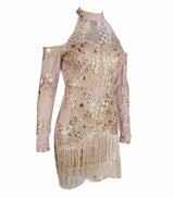 Modern Renaissance Gold Cold Shoulder Long Sleeve Fringe Mini Dress - Fashion Genie Boutique