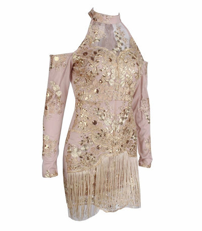 Modern Renaissance Gold Cold Shoulder Long Sleeve Fringe Mini Dress - Fashion Genie Boutique