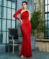 Luxury Night Red Sequin One Shoulder Maxi Gown Dress - Fashion Genie Boutique