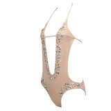 Petunia Beige Crystal Embellished Monokini Swimsuit - Fashion Genie Boutique
