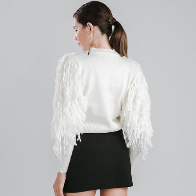 Fall in Love White Tassel Fringe Sleeved Cropped Jumper - Fashion Genie Boutique