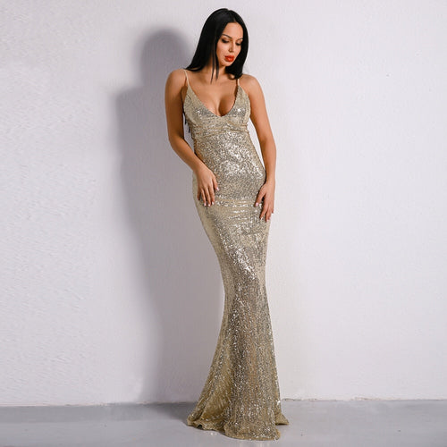 Prima Donna Gold Sequin Fishtail Maxi Dress - Fashion Genie Boutique