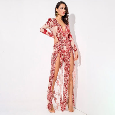 Lady Boss Red Sequin Long Sleeve Split Leg Jumpsuit - Fashion Genie Boutique