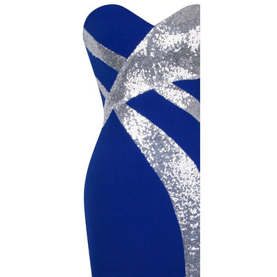 Dazzling Diva Blue & Silver Strapless Sequin Maxi Gown Dress - Fashion Genie Boutique