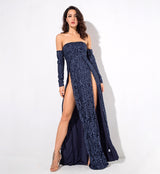 Princess Of Charm Navy Bardot Glitter Double Split Maxi Dress - Fashion Genie Boutique