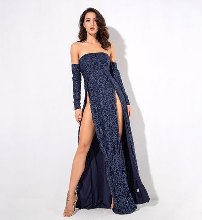 Princess Of Charm Navy Bardot Glitter Double Split Maxi Dress - Fashion Genie Boutique