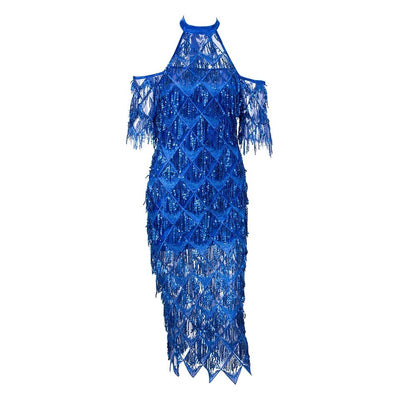 Goodnight And Go Blue Sequin Fringe Midi Dress - Fashion Genie Boutique