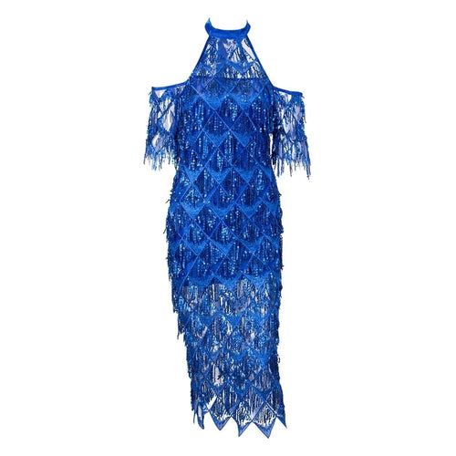 Goodnight And Go Blue Sequin Fringe Midi Dress - Fashion Genie Boutique