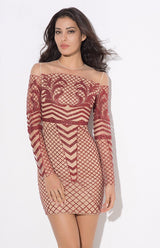 Meryl Red & Nude Glitter Long Sleeve Mini Dress - Fashion Genie Boutique