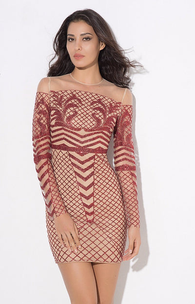 Meryl Red & Nude Glitter Long Sleeve Mini Dress - Fashion Genie Boutique