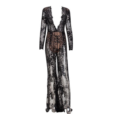 Lady Boss Black Sequin Long Sleeve Split Leg Jumpsuit - Fashion Genie Boutique