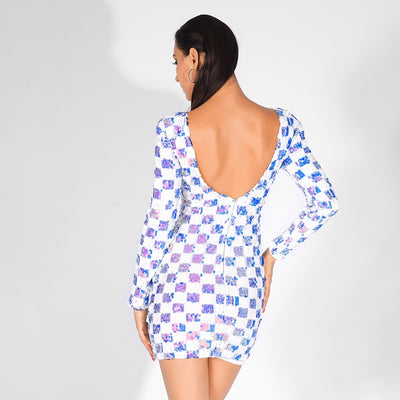 Check Mate White Iridescent Sequin Long Sleeve Dress - Fashion Genie Boutique