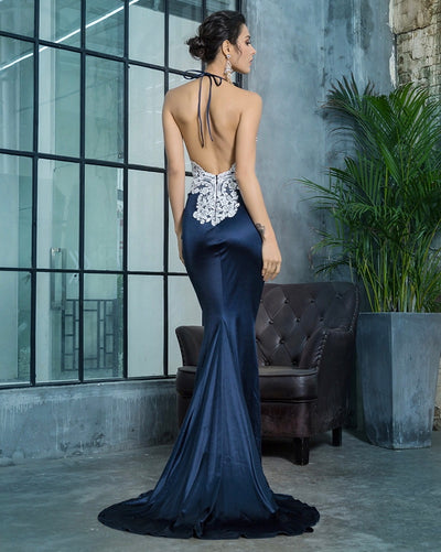 Sweet Lace Navy Satin Lace Maxi Fishtail Dress - Fashion Genie Boutique