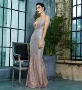Dubai Nights Silver & Gold Plunge Glitter Maxi Dress - Fashion Genie Boutique